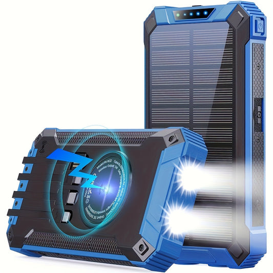 🔋 Ultimate 36000mAh Solar Power Bank with Wireless Fast Charging – Built-In Cables & Dual Flashlights