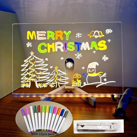 USB LED Acrylic Message Board with Stand - Includes 12 Color Pens - Versatile Decor for Home, Office, Christmas, Valentine's, New Year